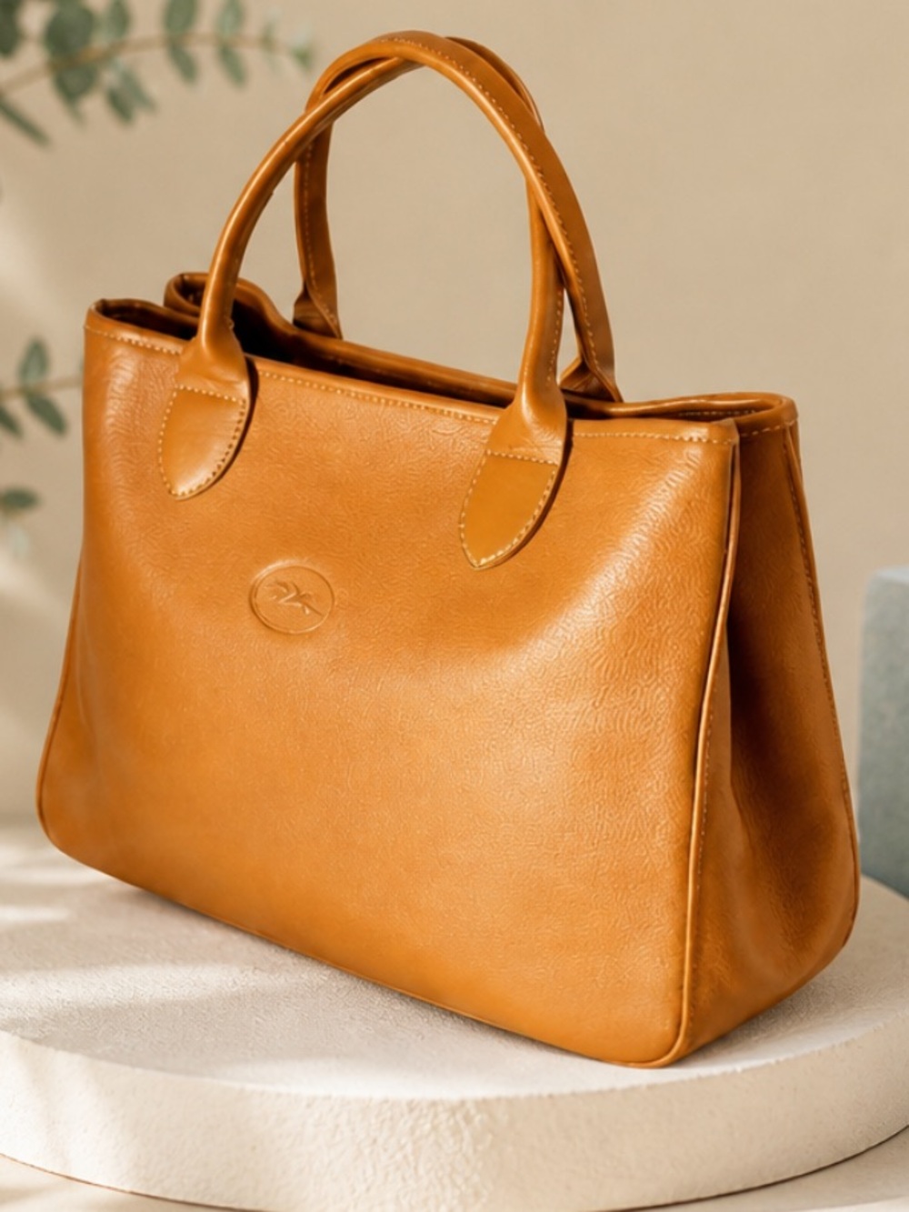 Authentic Longchamp Cognac Leather Structured Top-Handle Tote.